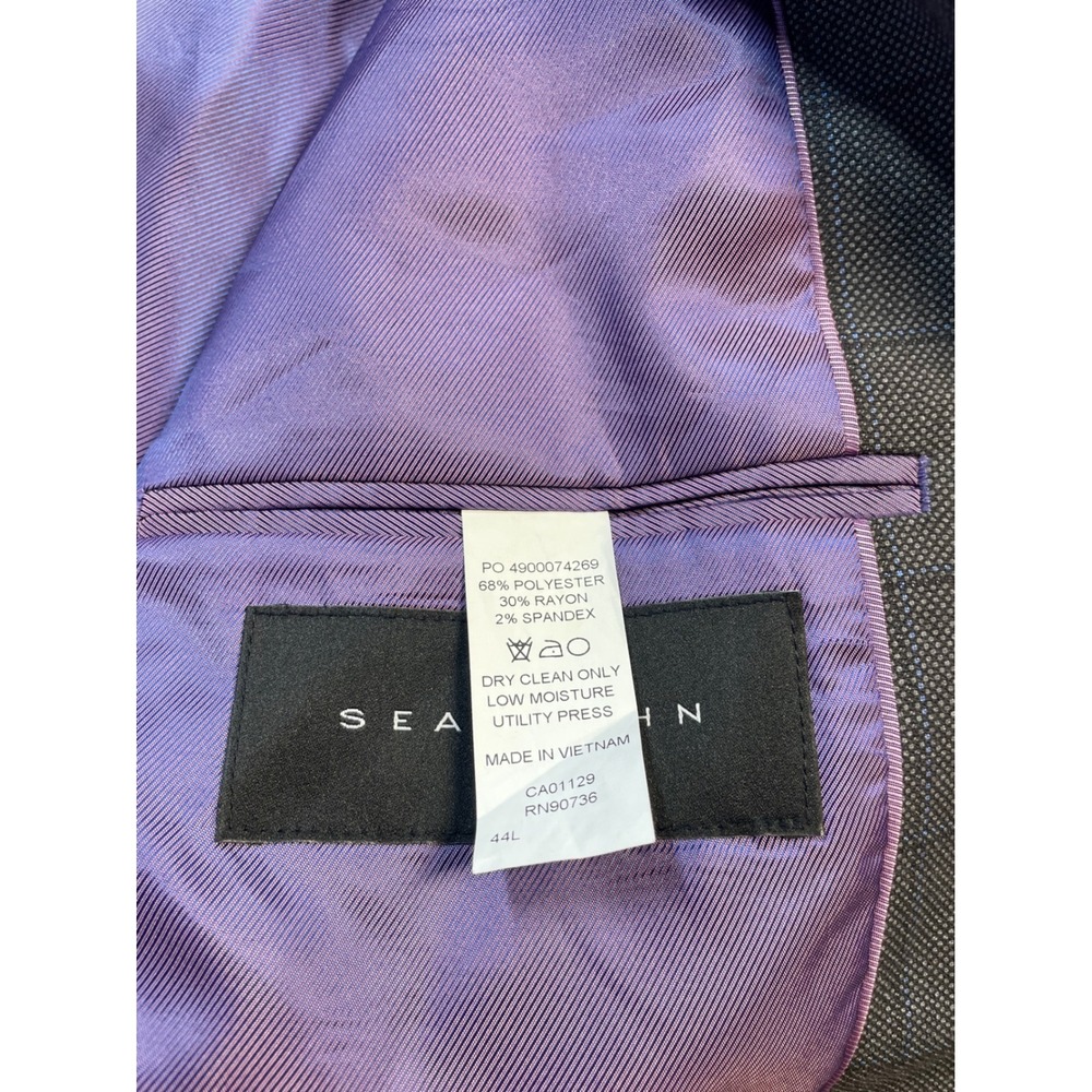 Sean John Mens 44L Blazer Charcoal Indigo Windowpane Purple Lining Suit Jacket - Picture 7 of 14